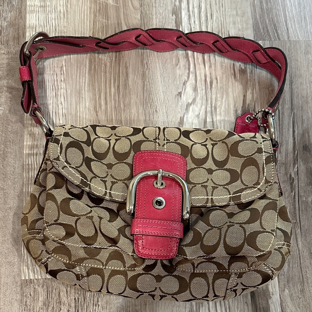Coach Brown and Pink Signature Shoulder Bag